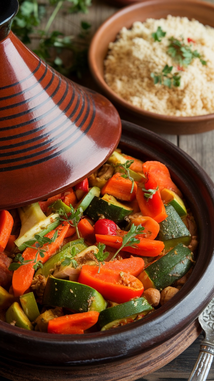 A colorful Moroccan Spiced Vegetable Tagine in a traditional pot, surrounded by fluffy couscous and garnished with fresh herbs.